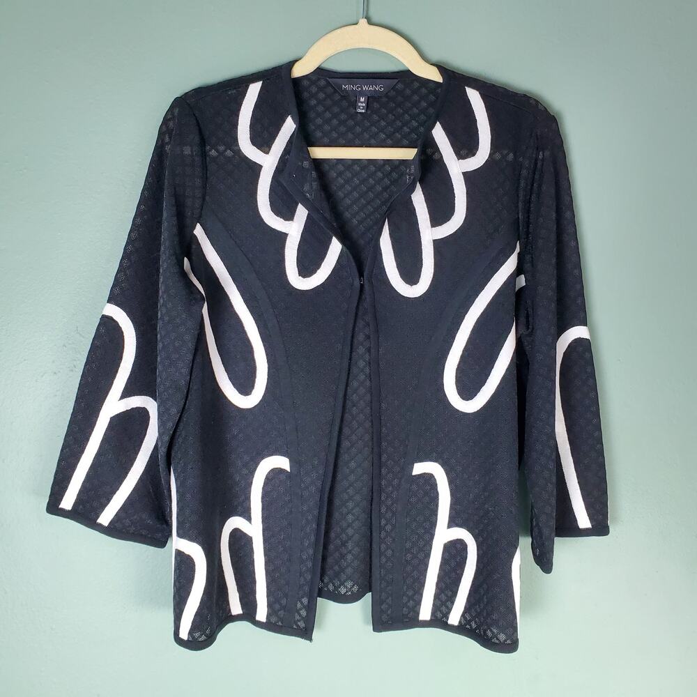 Ming Wang Womens Black White Abstract Squiggle Lines Jacket Size Medium